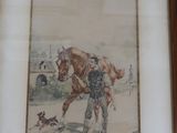 painting of a man with a horse and a dog in a wood frame