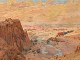 une image représentant un tableau représentant une scène désertique avec une rivière