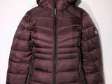 the jacket is maroon and has a hood on it