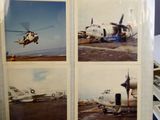 four pictures of a plane and a helicopter on display