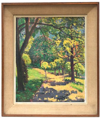 an oil painting of a path through a park with trees