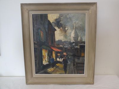 peinture d'une scène de rue avec des personnes marchant dans la rue