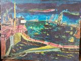une image d'une peinture d'une ville au bord de l'eau