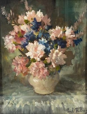 une peinture de fleurs dans un vase sur une table