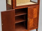 a wooden display cabinet with glass shelves and a door open