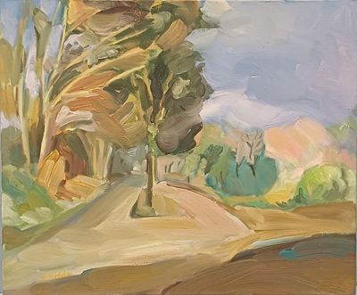 une peinture à l'huile représentant une route bordée d'arbres de chaque côté