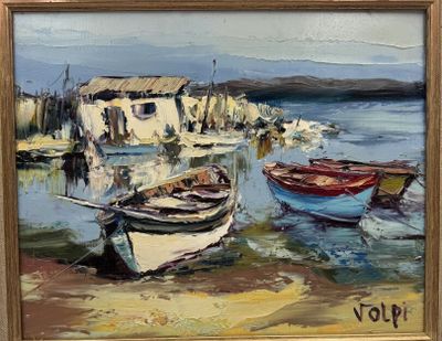 un tableau représentant des bateaux sur le quai d'un port