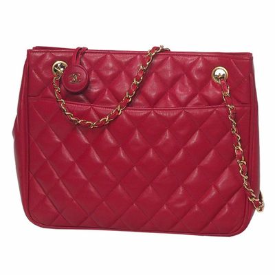 chanel red quilted leather tote bag with gold hardware