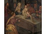 a painting of a group of people around a table with a baby
