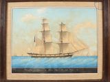 an oil painting of a sailing ship in the ocean