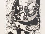 an image of a black and white drawing of a man sitting on a chair