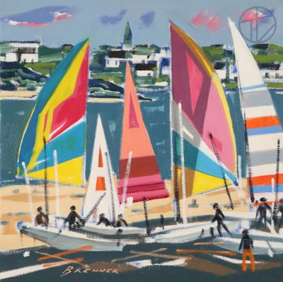 tableau représentant un groupe de voiliers sur une plage, avec une grande roue en arrière-plan