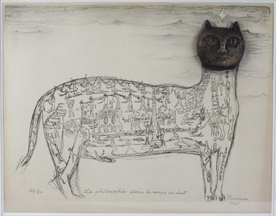 a drawing of a cow with a cat on it ' s head