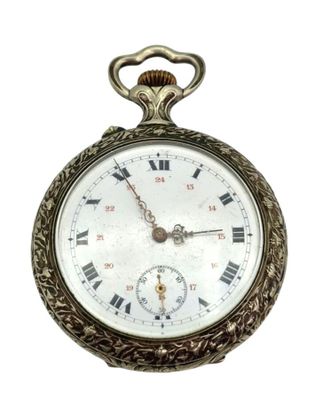 a silver pocket watch with roman numerals on it