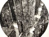 une image représentant un dessin d'une ville à l'intérieur d'un cercle