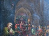 un vieux tableau représentant un homme agenouillé devant une foule de gens