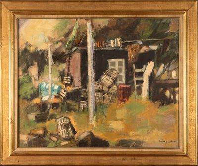 an oil painting of a shed with clothes hanging out to dry