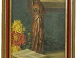 une peinture à l'huile représentant une femme en train de lire un livre à côté d'un vase de fleurs