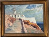 une peinture à l'huile représentant un phare situé sur une falaise surplombant l'océan