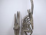 paire de sculptures africaines en bois sculpté représentant un oiseau et une tête d'homme
