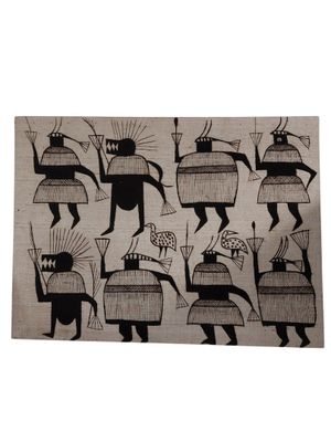a black and white drawing of a group of people holding umbrellas