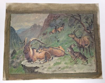 a picture of a painting of animals on a hill