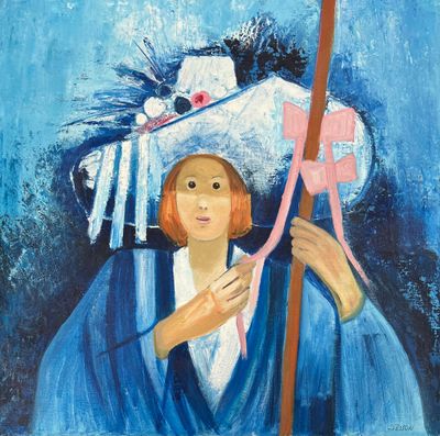 tableau représentant une femme en robe bleue tenant un ruban rose