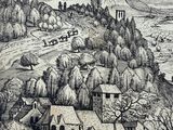 a drawing of a village on a hill in the middle of the day