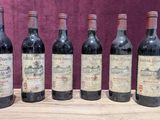six bottles of wine are lined up on a wooden table