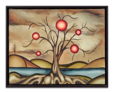 un tableau représentant un arbre sur lequel sont accrochées des pommes rouges