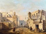 painting of a street in an old european city with a horse drawn carriage