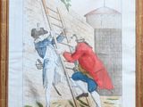 painting of a man climbing a ladder with another man on the other side