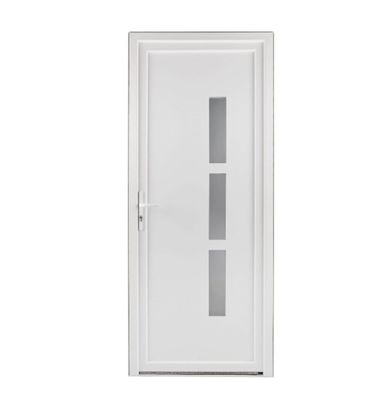 une porte blanche avec un panneau vitré sur le côté