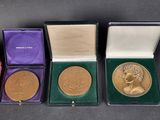 three gold and silver medals in velvet cases on a black surface