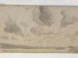 un vieux dessin représentant des nuages au-dessus d'un plan d'eau, avec un bateau au loin