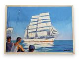 un tableau représentant un bateau sur l'eau avec des personnes à bord