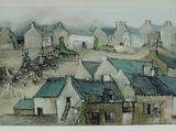 a painting of a horse drawn carriage in front of a village