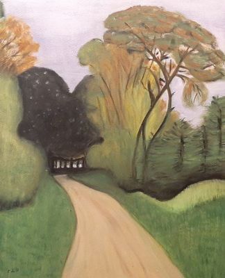 a painting of a country road with a house in the distance