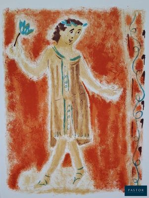 painting of a woman holding a flower in one hand and a flower in the other