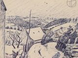 esquisses d'un dessin représentant une scène rurale avec une maison au loin