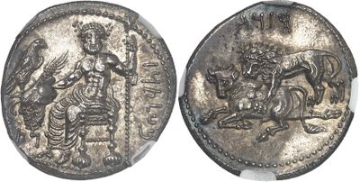 a close up of a silver coin with a man on a horse