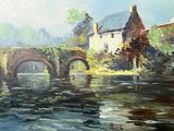 a painting of a bridge over a river with a building in the background