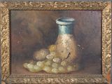 an oil painting of grapes and a vase on a table