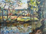 an oil painting of a river with trees in the foreground