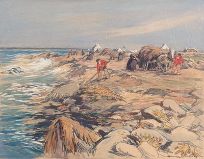 un tableau représentant un groupe de personnes sur une plage rocheuse