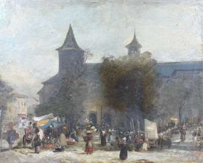 peinture d'une scène de rue avec une église en arrière-plan