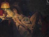 un tableau représentant une femme allongée dans son lit à côté d'une lampe