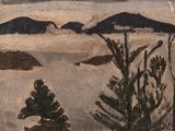 une peinture d'un paysage avec des arbres et des montagnes en arrière-plan
