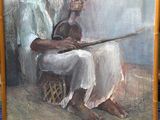 tableau représentant un homme assis sur une chaise, tenant un violon