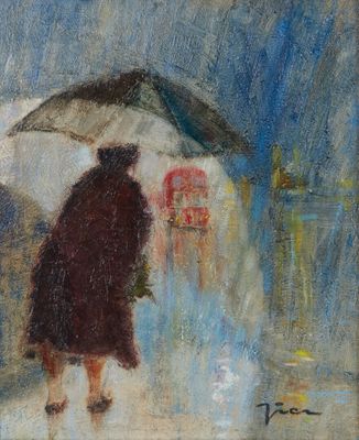 tableau représentant une femme marchant sous la pluie avec un parapluie
